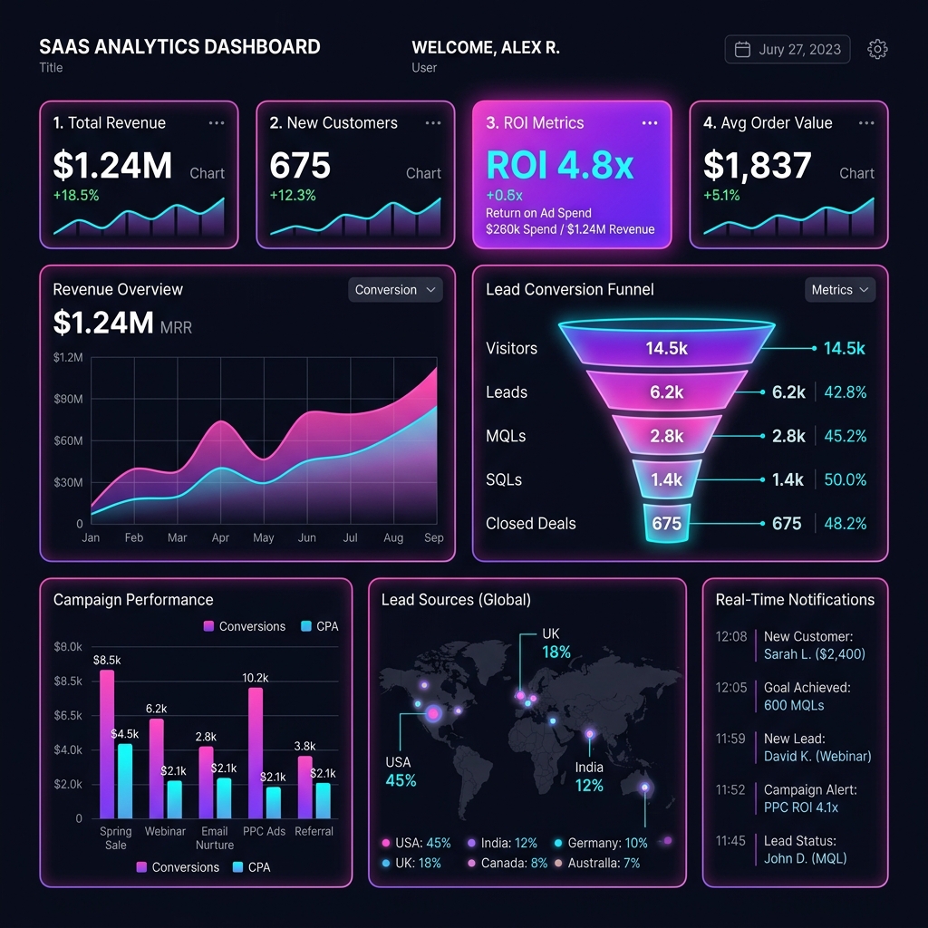Dashboard de analíticas y ROI de WizzFunnels