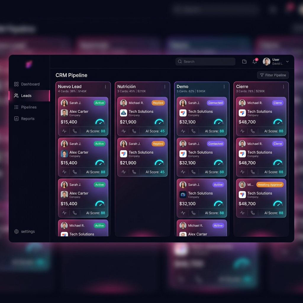 Dashboard CRM Pipeline de WizzFunnels con columnas de etapas de venta